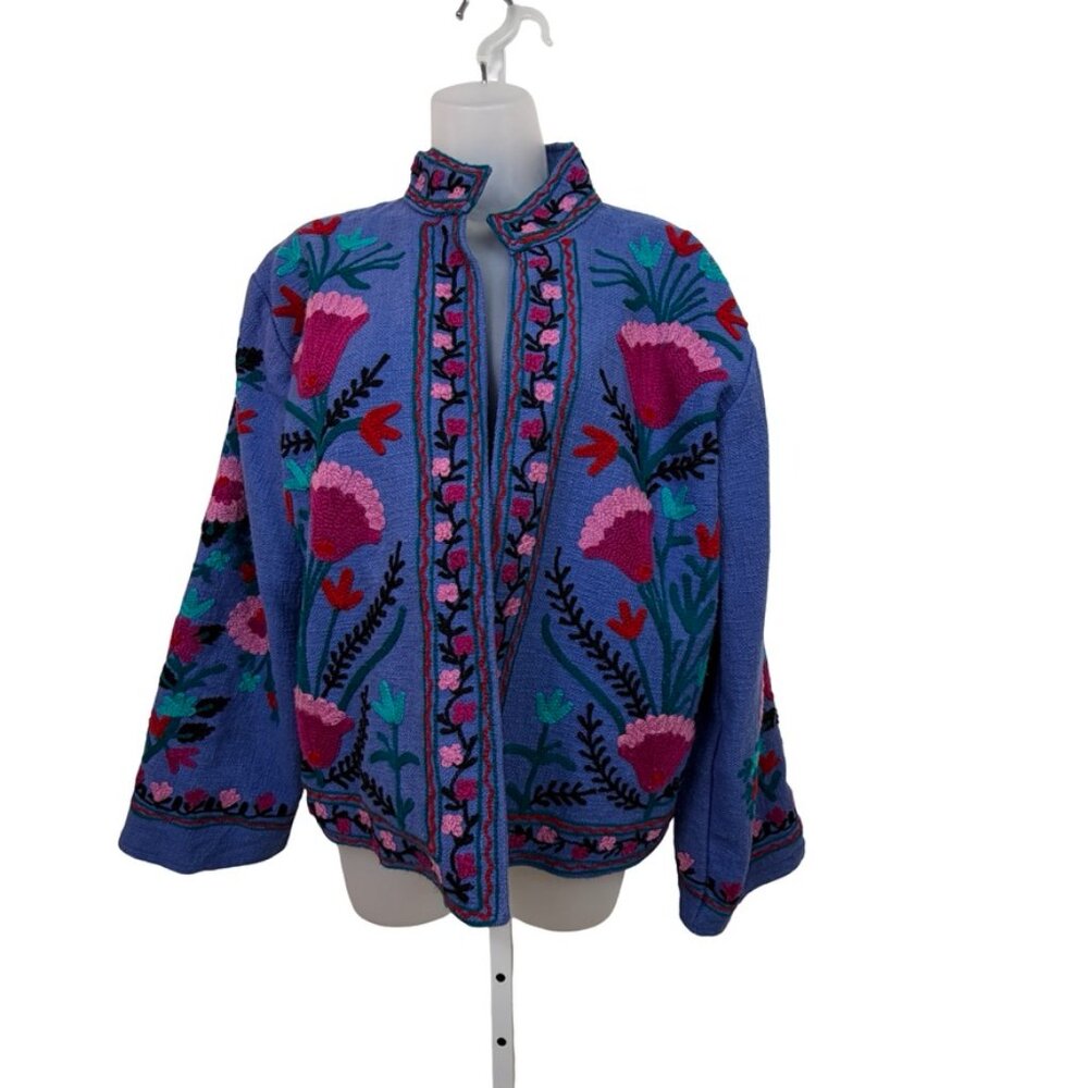 Blue Cotton Floral Made in India Crewel Embroidered Jacket Size XL